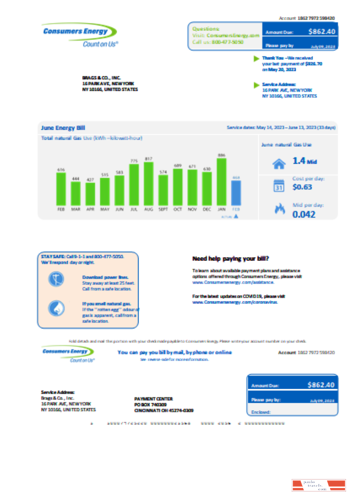 Michigan Consumers Energy  business utility bill, Word and PDF template SCR PSD template